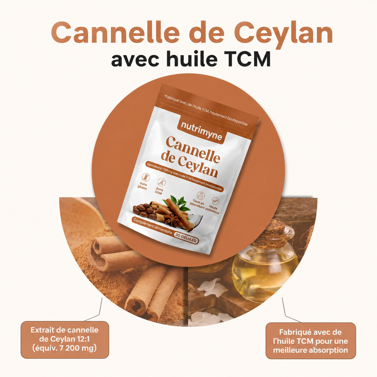 Cannelle de Ceylan équivalent 7200 mg avec huile TCM