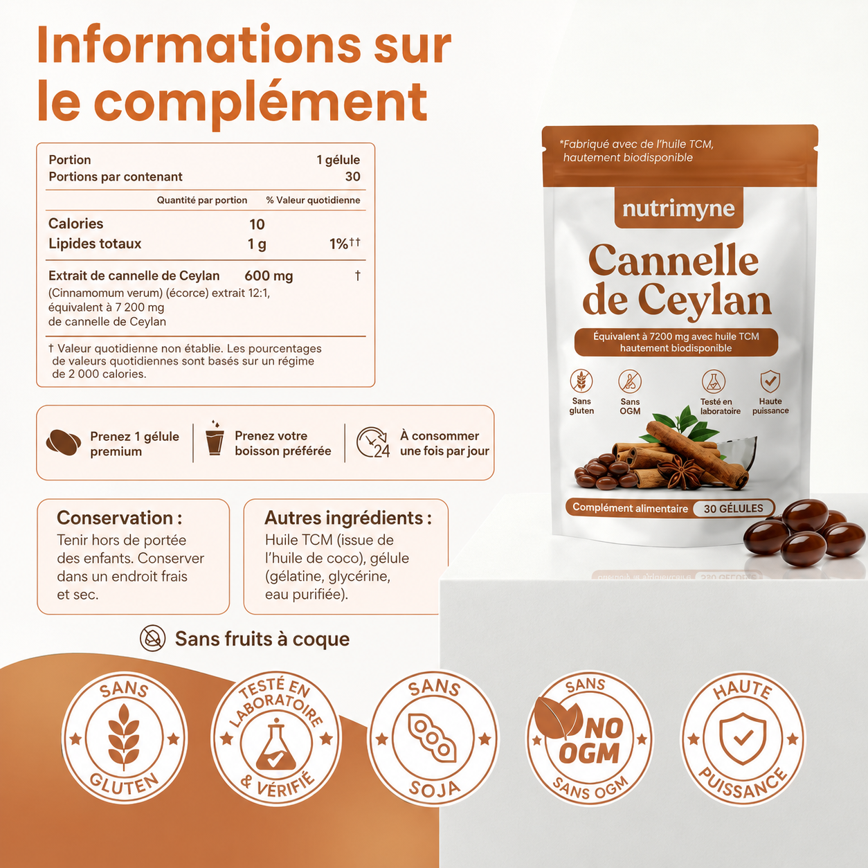 Cannelle de Ceylan équivalent 7200 mg avec huile TCM